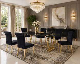 7-Piece Glam Dining Set Black Velvet Chairs Gold 80-Inch Table Modern Luxury