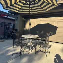 Metal Patio Set ,With Ethan Allen Wrought Iron Basket Chairs And Umbrella