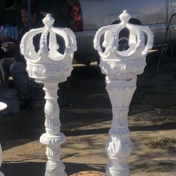 White Washed Candle Holders With Crowns 