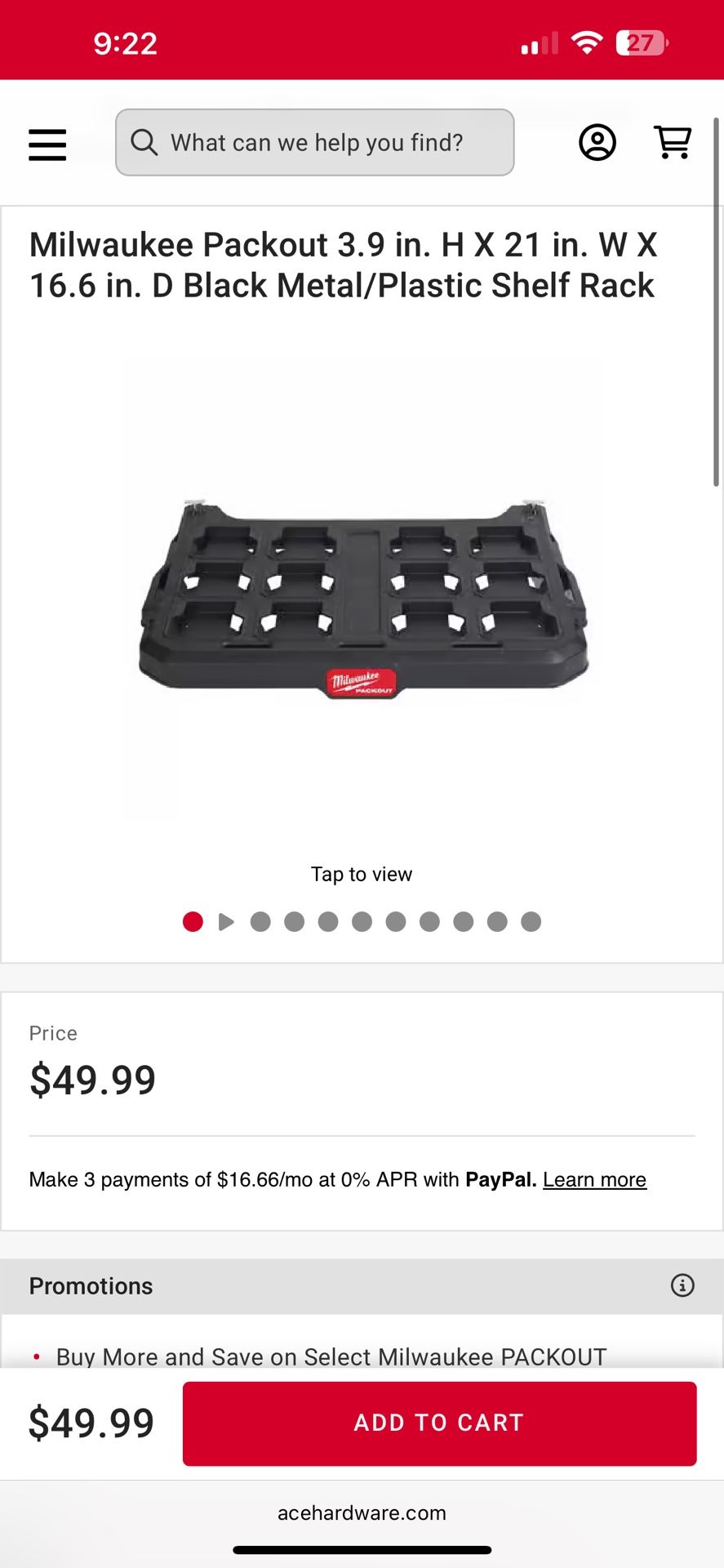 Milwaukee Packout 3.9 in. H X 21 in. W X 16.6 in. D Black Metal/Plastic Shelf Rack