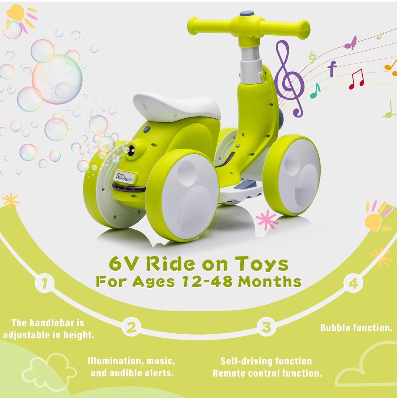 Baby Balance Bike W/ Remote, Bubbles, And More