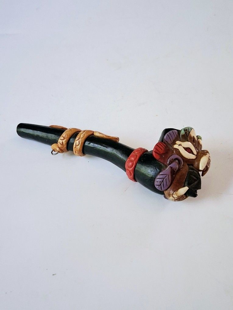 Handcrafted Peruvian Faux Smoking Art Pipe Foo Dog, & Coiled Snake Design 5"