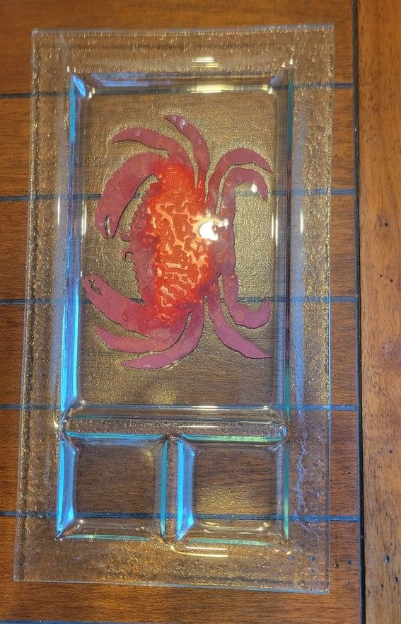 Gorgeous Fused Glass Platter With Copper Crab Insert