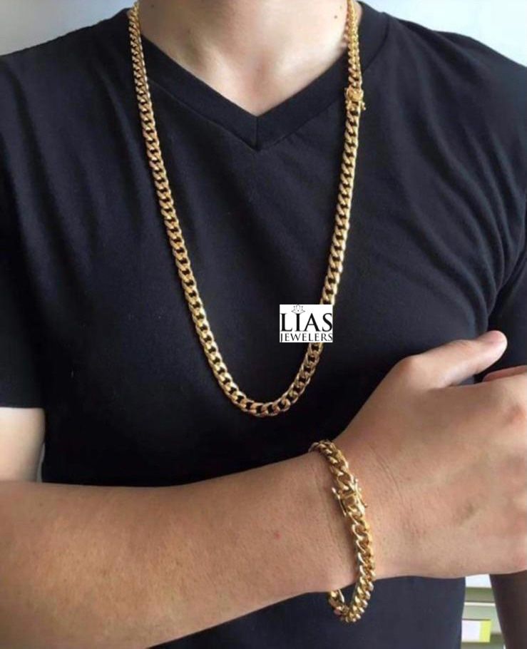 New 18k Yellow Gold Cuban Link Chain and Bracelet