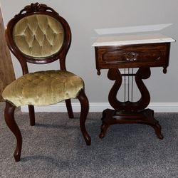 Kimball Antique Victorian Balloon Back Rosewood Chair And Vintage Victorian Mahogany Marble Top Harp Lyre End Table 