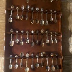 Vintage Souvenir Spoon Collection with Wooden Wall Display – $80
