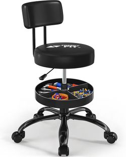 NEW FreekyFit Rolling Garage Shop Stool w/ Backrest & Tool Tray