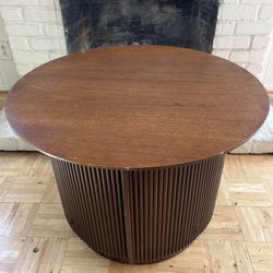 Lane Walnut Ribbed Drum Side Table with Doors - Mid-Century Modern 
