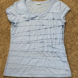 DKNYC Light Blue Ruffle Front Slub Knit T-Shirt Womens Size Large