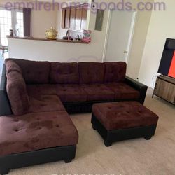 "Brown/Black Reversible Sectional with Matching Storage Ottoman! BRAND NEW! PAY AT DELIVERY!
"
