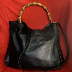 Gucci Vintage Bamboo Handle Black Leather Crossbody Hobo Bag