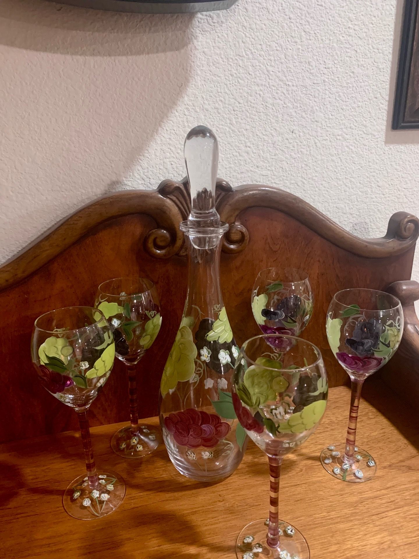 Painted wine glasses and decanter