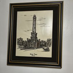 VINTAGE 1990 WATER TOWER CHICAGO - ALABASTER ETCHING BY CAROL BLAESS 19.5"×16.5"