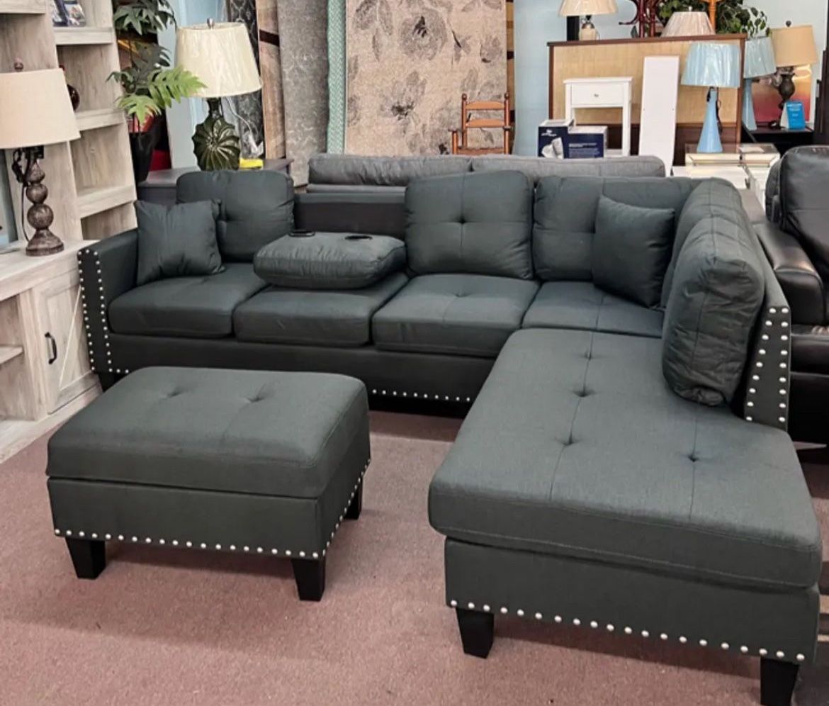 Charcoal color Linen Sectional Sofa with storage ottoman and 2 accent pillows
