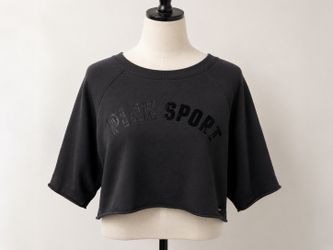 PINK Victoria’s Secret Sport Black Cropped Sweatshirt Raw Hem Short Sleeve Med