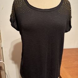 Women’s Top T-shirt Short Slv Brown Gold Accents Poly Rayon Ellen Tracy Size M