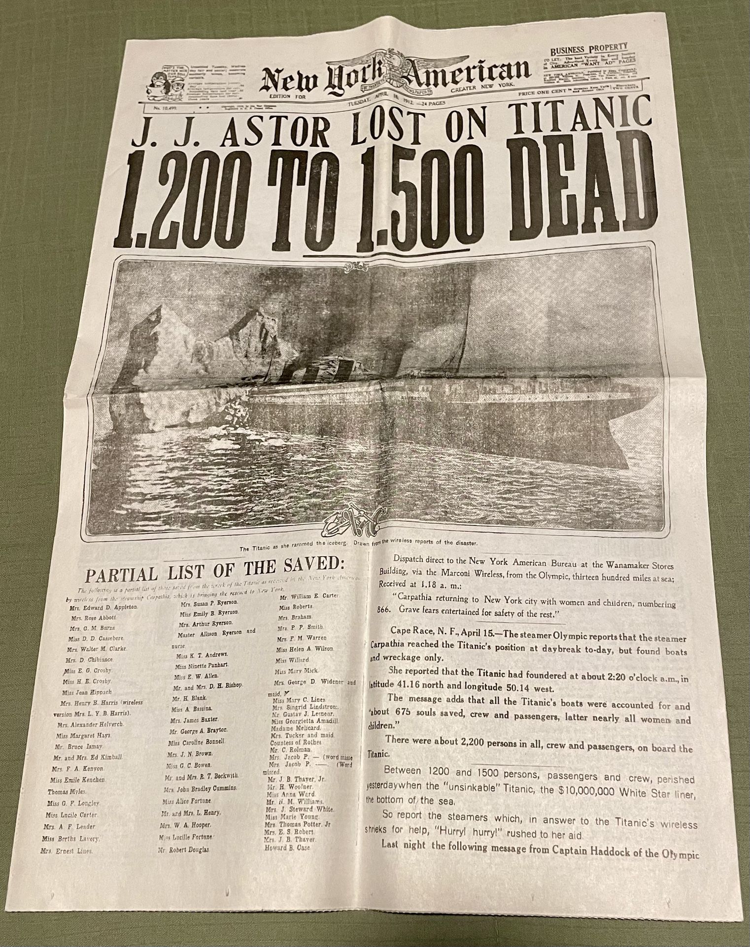 Replica of Newspaper from the Sinking of the Titanic
