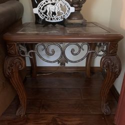 Wood metal and marble end tables set of 2