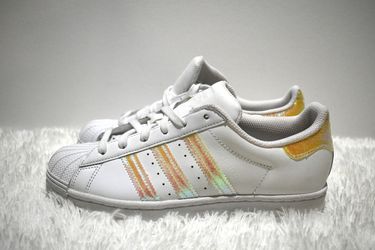 Adidas Superstar J White Iridescent Leather Shell Toe Sneakers Women's Size 8.5