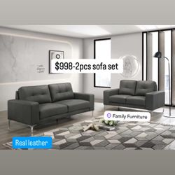 Real Leather Sofa Set / Juego De Sala Gris Piel Real Nueva
