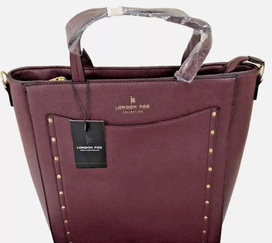 Women's Studded Tote Handbag - London Fog Collection Plum Color - large