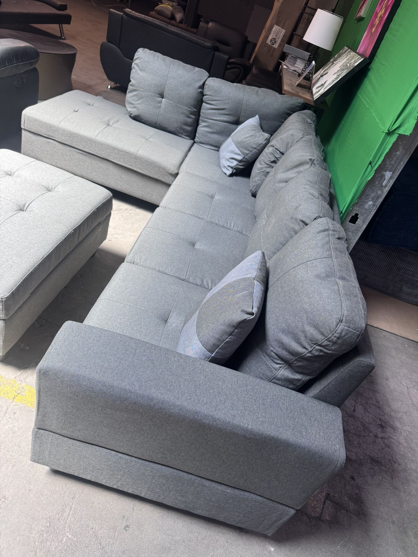 L-Shaped 3-Piece Linen Sofa with Storage Ottoman Set, Sectional Couch Sofa Set for Living Room, Office, Small Space, Grey