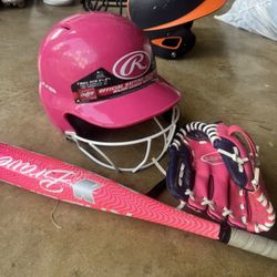 Youth Girls Baseball Soft All Batting Helmet Glove And Bat Pink And Purple ( Perfect 