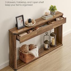 Console Table, 47.2 Inches Sofa Table, Narrow Entryway with 3 Drawers, Bottom Shelf, Metal Corners, for Living Room, Bedroom, Farmhouse Style, Honey B