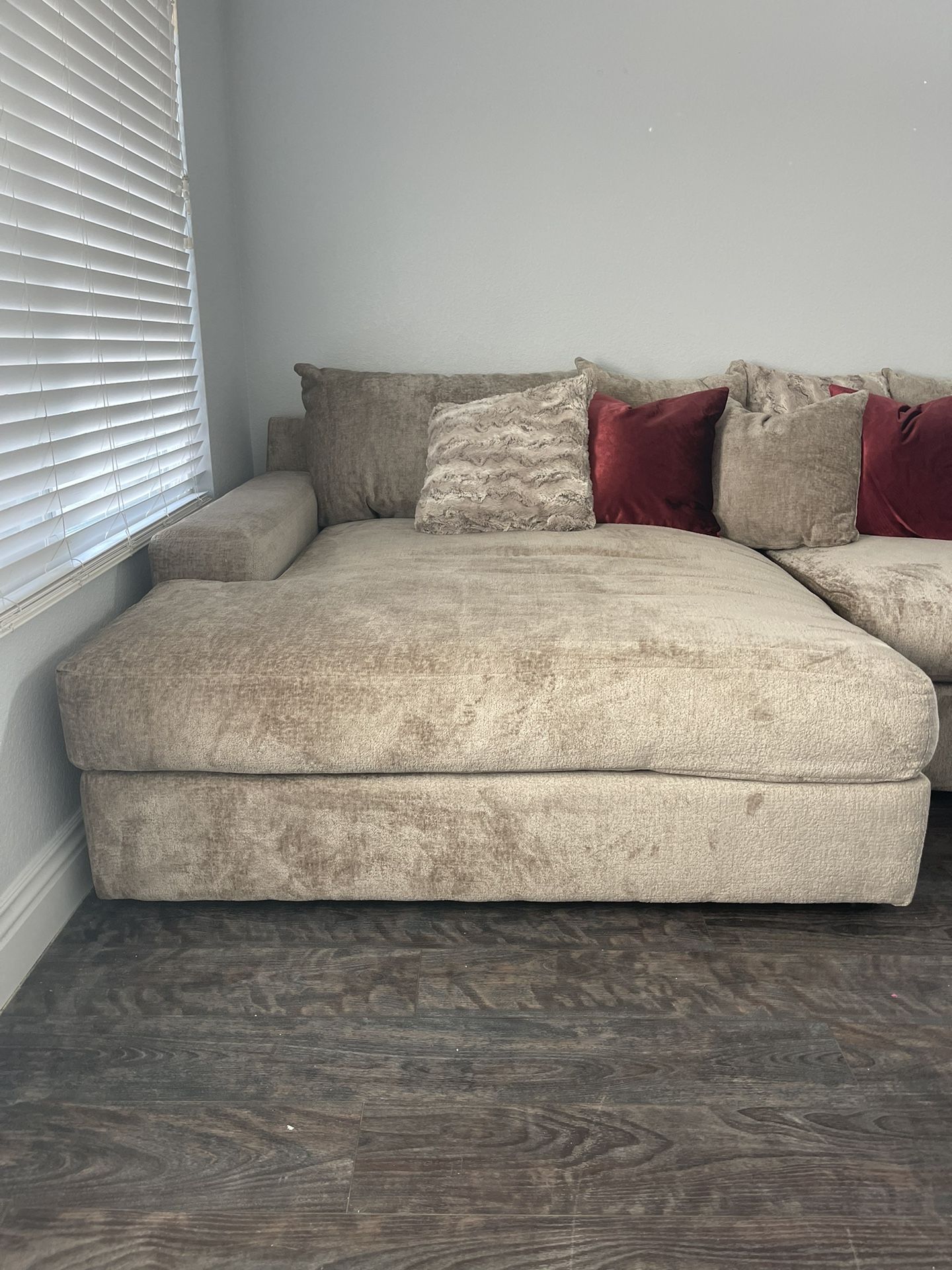 2pc Oversized Sectional - Feather Down - Plush Fabric - Accent Pillows - 147”Lx68D