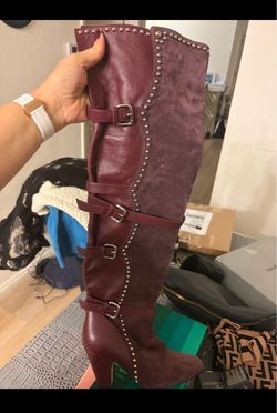Valentino Burgundy Over-the-Knee Studded Heeled Boots