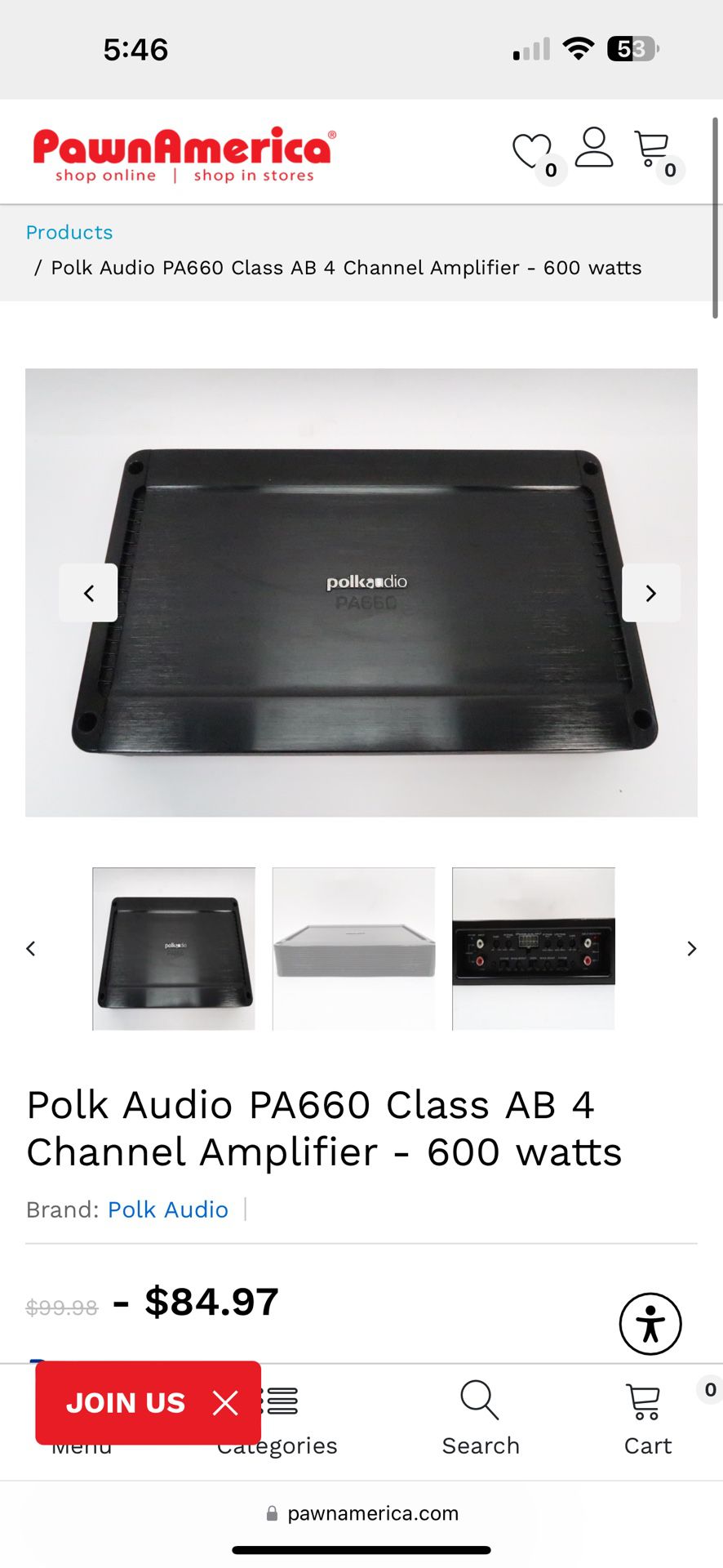 Polk Audio PA660 Class AB 4 Channel Amplifier - 600 watts