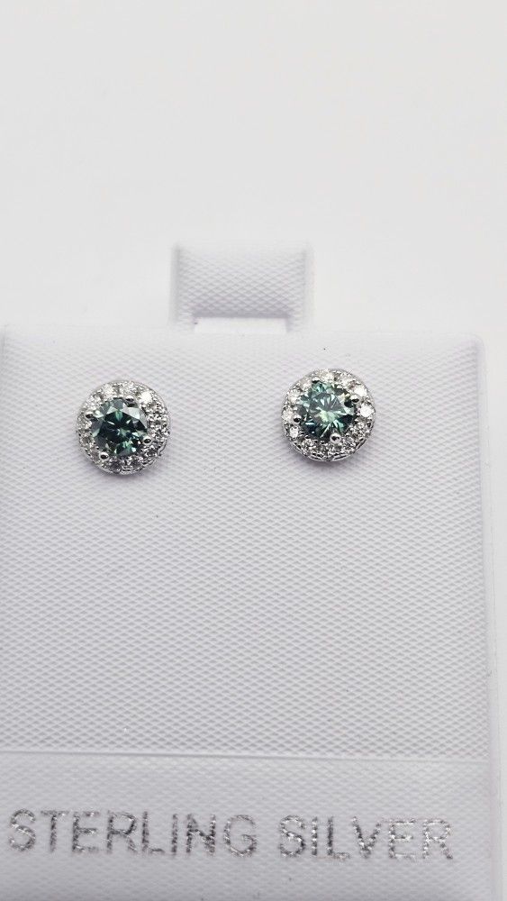 Green Moissanite Halo Stud Earrings – 925 Sterling Silver