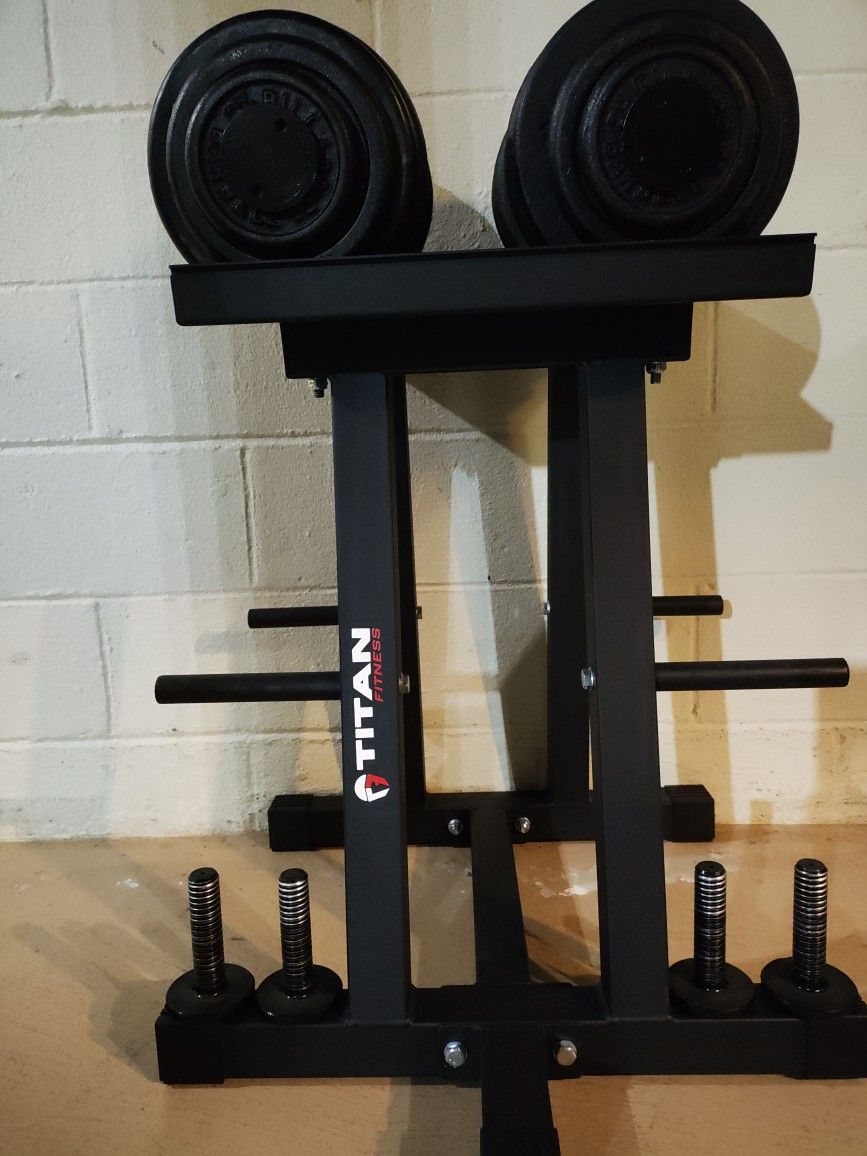 Adjustable Dumbbells with Titan Dumbbell Stand & Plate Tree