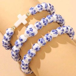3 Pieces Blue And White Ceramic Beaded With Hearts & Cross Bracelets Pulsera