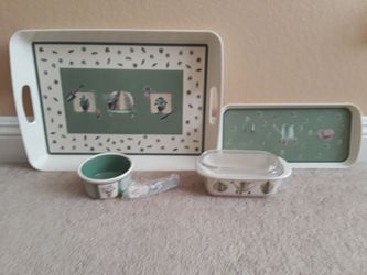 6 Piece Pfaltzgraff set-$20.00 New  1-Large plastic tray   1-Small plastic tray 1-Bowl Ceramic  1-Knife Ceramic  1-Butter Dish Ceramic  1-Glass Lid/Tr
