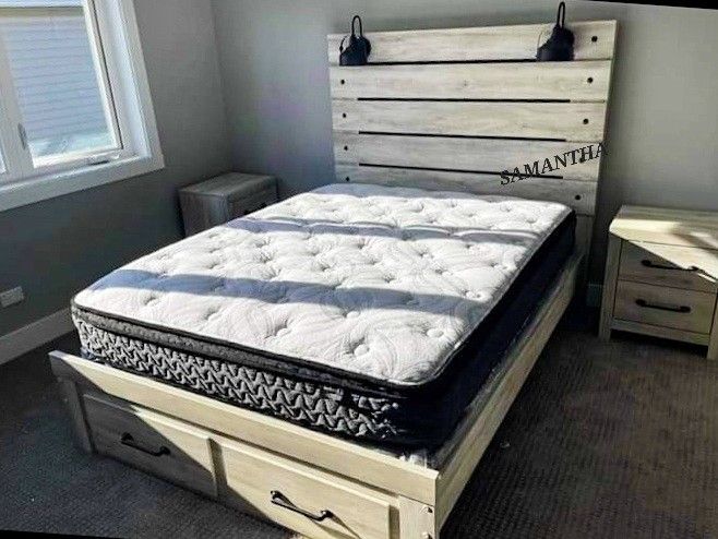 Whitewash Queen Panel Bed with 2 Storage Drawers | Brand New 
