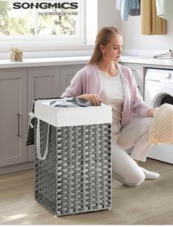 Laundry Hamper with Lid, 17.2 Gallon (65 L) Synthetic Rattan Clothes Laundry Basket with Lid and Handles, Foldable, Removable Liner, Dove Gray ULCB165