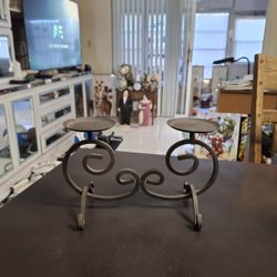 Vintage Mid 20th Century Gothic Rustic Heavy Wrought Iron Scrollwork Pillar Two Candle Candelabra 12" X 7.25"