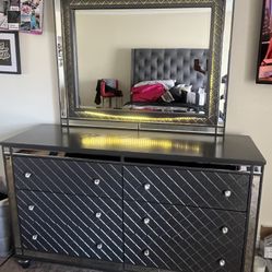 Grey Dresser with attached Mirror And lights 