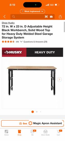 Husky. 72 in. W × 23 in. D Adjustable Height Black Workbench, Solid Wood Top for Heavy Duty Welded Steel Garage Storage System