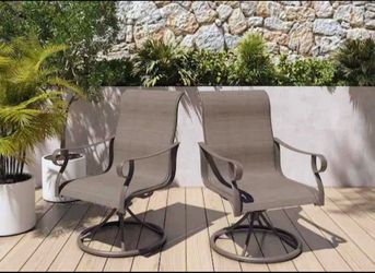 2 Elegant Sturdy Patio Dining Chairs Sling, Rocking,360° Swivel,Bronze Arms, Mildew, Heat, Corrosion,Wear, Tear,Water,Weather Resistant.