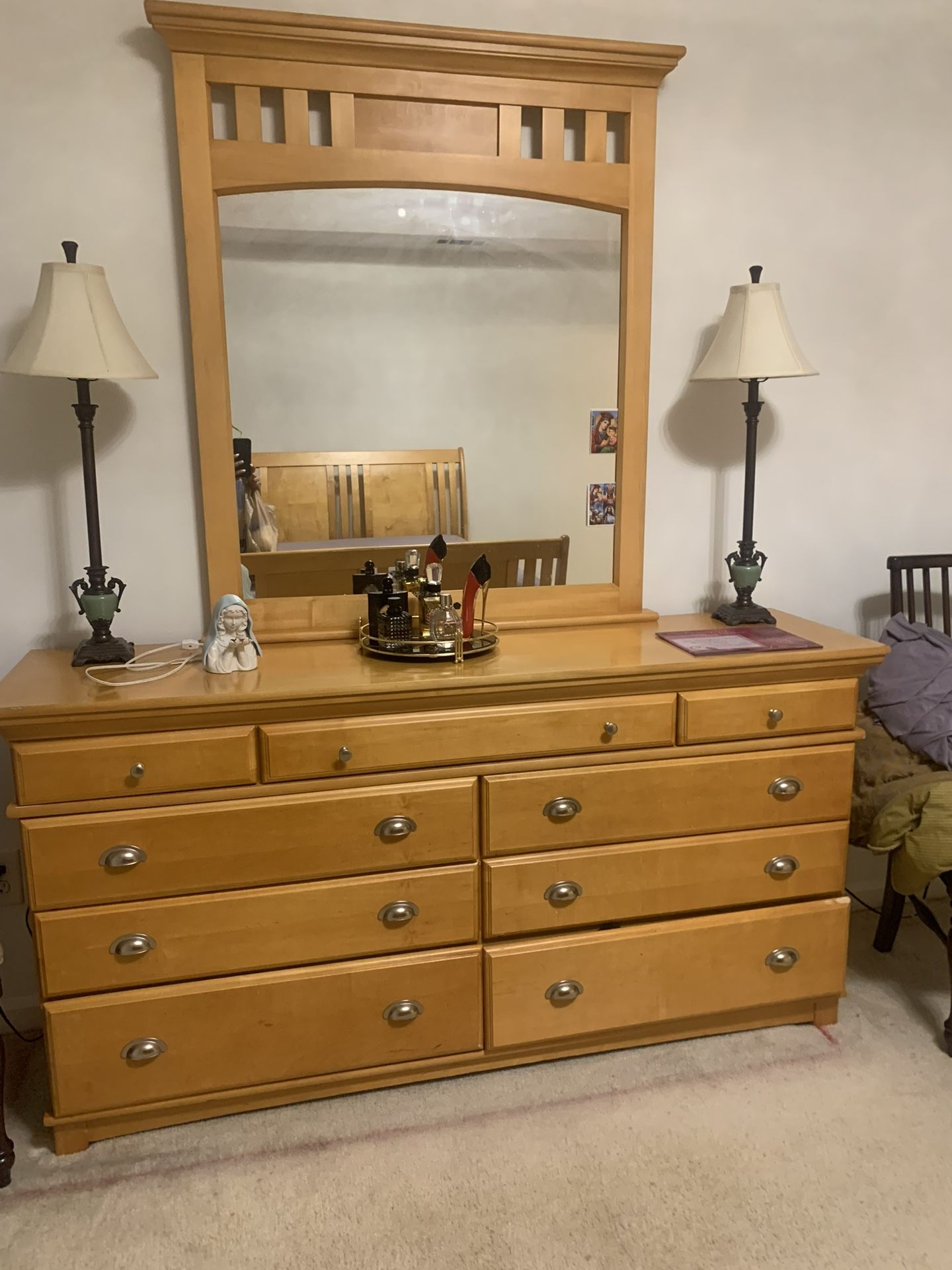 Three Piece Bedroom Suite Includes Side Table, Queen Size Bedframe, Headboard, And End Board (No Mattress Included), And The Dresser With Mirror