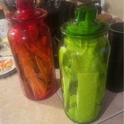 I 2 Glass Jars Red N Green  Large $ 12 Each Obo