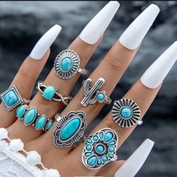 8pcs  Rings Geometry Design Inlaid Turquoise 