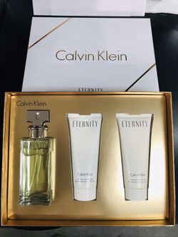 ETERNITY BY CALVIN KLEIN FOR WOMEN. LARGE SIZE GIFT SET INCLUDES 3.4OZ (100ML) PERFUME 3.4OZ BODY LOTION AND 3.4OZ SHOWER JEL. ORIGINAL BRAND NEW IN