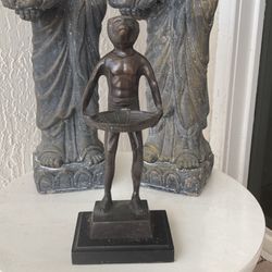 Bronze Or Brass Monkey Statue On Black Wooden Base