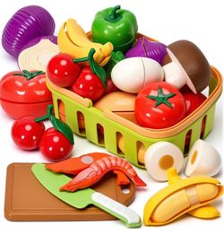Cutting Play Food Toys, 25 Pieces Pretend Play Kitchen Accessories, Fake Fruits/Vegetables Set with Shopping Storage Basket, Birthday Gift, Educationa