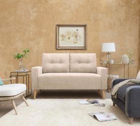 Modern Loveseat Sofa Fabric Couch Mid Century Love Seat with 2 Thickened Cushion and Solid Wood Frame for Living Room (Beige)