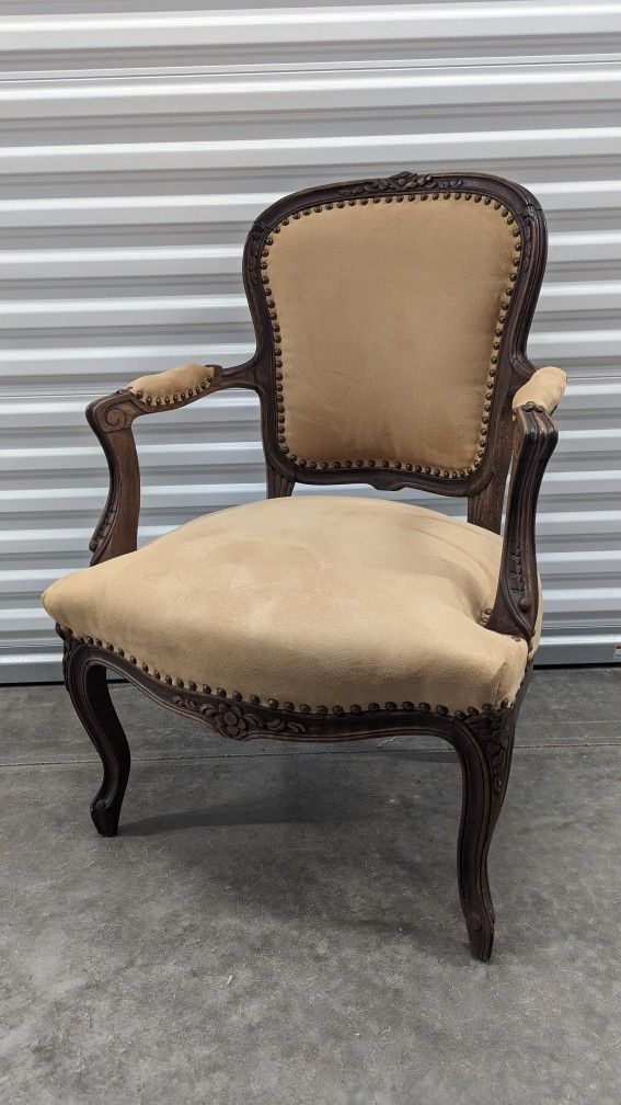 Antique French Carved Arm Chair w/ Tan Upholstery - Great Condition! - Can Deliver 