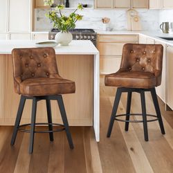 26"H Faux Leather Upholstered Swivel Counter Stool, Brown (Set of 2)